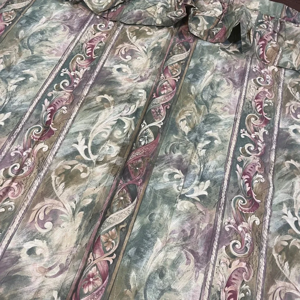 Vtg JCPenney Home Collection Floral Scroll Ruffle Shower Curtain Green Pink USA